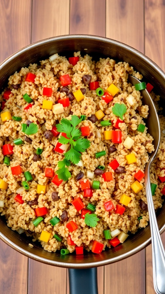 A hearty skillet of quinoa and ground turkey with bell peppers and parsley, served on a wooden table.